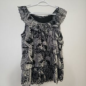 APT 9 Black White Paisley Sleeveless Top Paisley Boho Y2K Lettuce Hem Large